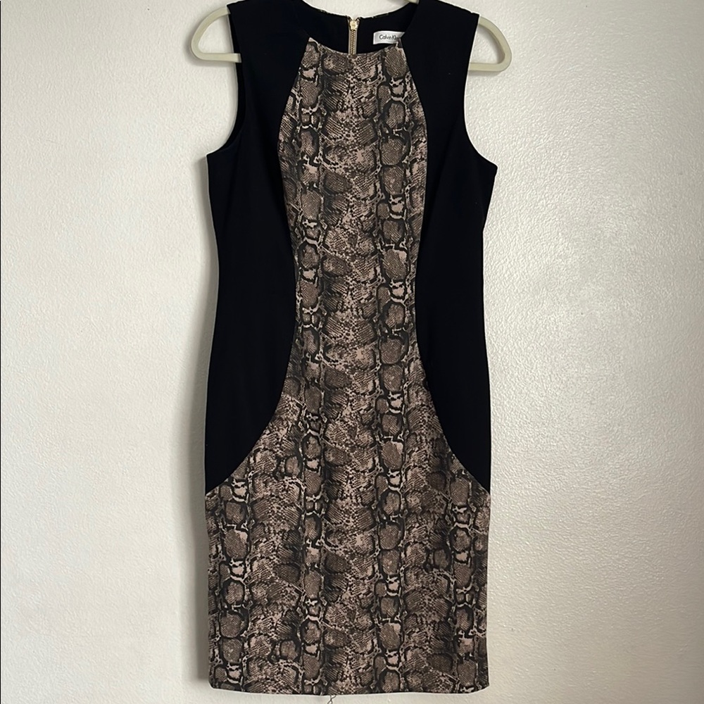 Calvin Klein Black and Brown Sheath Midi Dress